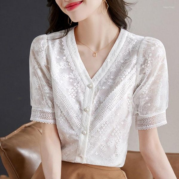 Женская блузская жемчужная рубашка для кардигана женщина 2023 Летнее винтажное v-образец с короткими рукава