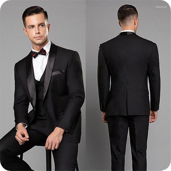 Erkekler klasik siyah takım elbise şal yaka blazer resmi iş düğün damat terno maskulino ince fit smokin (ceket yelek pantolon)