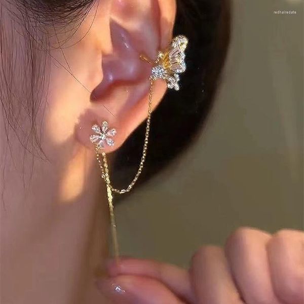 Brincos Pendurados Chegada Brilhante Cristal Borboleta Ear Cuff Clipe Para Mulheres Moda Pendão Cadeia Flor Stud Jóias De Casamento