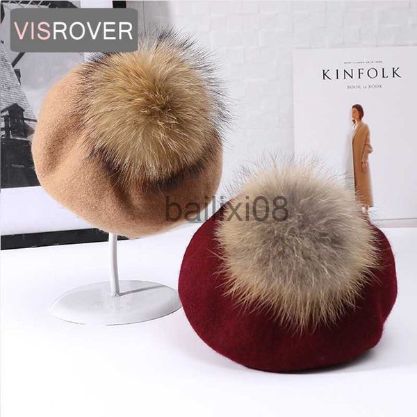 Chapéus Stingy Brim VISROVER Novo Unissex Lã Boina de Inverno Pompom de pele sólida Chapéu de Outono Boné de Inverno Boina Punk Primavera Chapéu Boina de Pele Real Atacado J230802