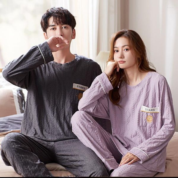 Pijama Masculino Algodão Feminino Coreano Moda Pijama Homem Plus Size Tops Dormir Longo Conjunto Pijamas Casais Roupas para Casa Homme