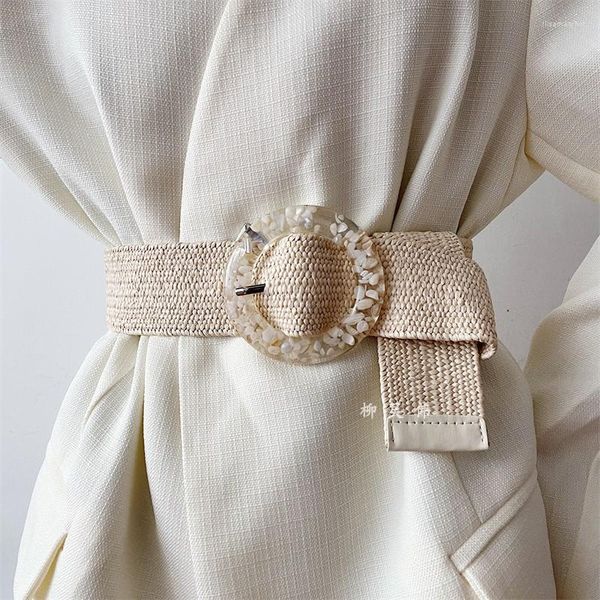 Cinture Color caramella Boemia Fibbia quadrata intrecciata per donna Tessuto in lino solido Cintura finta in paglia Cintura larga in PP