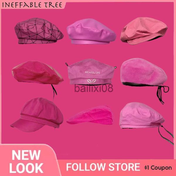 Chapéus Stingy Brim Rosa Vermelho Verão Inverno Chapéu Letra PU Le Up Boinas Francesas Bonés para Mulheres Sólido Retro Feminino Artista Marinho JK Boina Gorros J230802