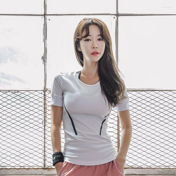 Camicie sportive T-shirt sportiva da yoga da donna Versione coreana Girocollo Asciugatura rapida Traspirante Girovita Mostrando linee Fitness Corsa Aerobica