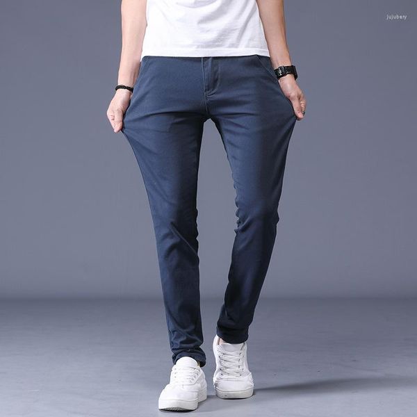 Erkek pantolon 2023 Moda düz renk düz chino rahat pantolon ince rahat elastik küçük düzenli erkekler için uzun