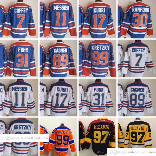 Film Vintage Hockey 7 Paul Coffey Maglie Ricamo CCM 99 Wayne Gretzky 11 Mark Messier 17 Jari Kurri 30 Bill Ranford 31 Grant Fuhr 89 Sam Gagner 97 Connor McDavid