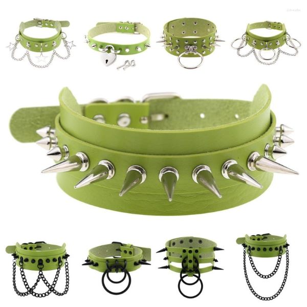 Choker Goth Harajuku Green Lock Key Pu Leder Edelstahl Niet Halsketten für Frauen Egirl Ketten am Hals Gothic Schmuck