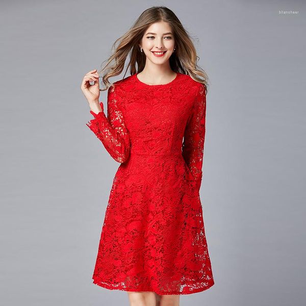 Casual Kleider Marke Plus Größe Weihnachten Frauen Sexy Aushöhlen Häkeln Spitze Blumen Party Rot Hohe Taille Kleid