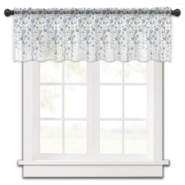 Cortina Azul Cinza Flor Fundo Branco Cozinha Pequeno Tule Transparente Quarto Curto Sala Decoração para Casa Cortinas Voile