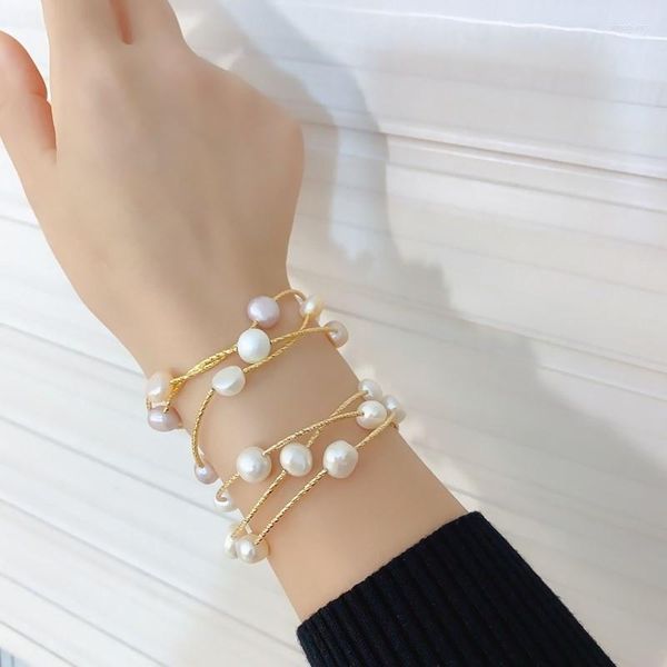Filo di perline leggero di lusso barocco acqua dolce rosa bianco giallo braccialetto di vere perle a tre colori femminile con avvolgimento incrociato multistrato