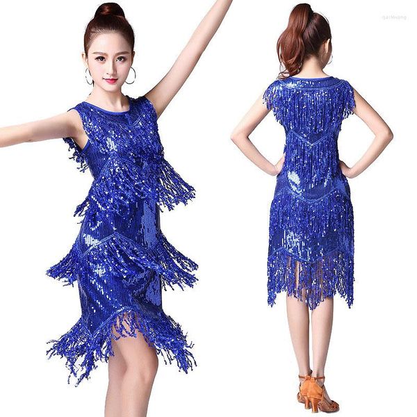 Traje de Palco Feminino Vestido Retrô de Lantejoulas com Borla Sexy Festa Franja Azul Brilhante Fantasia de Dança Latina Feminina Salão de Baile Anos 1920