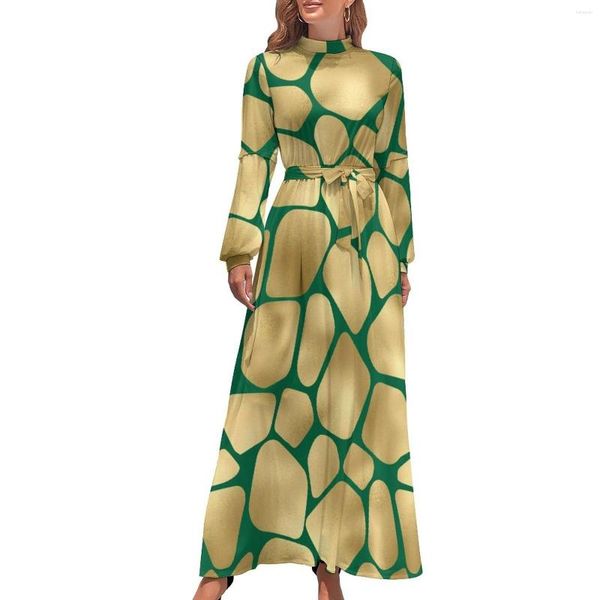 Lässige Kleider Giraffe Print Kleid High Neck Grün und Gold Muster Böhmen Langarm Koreanische Mode Maxi Kawaii Vestido