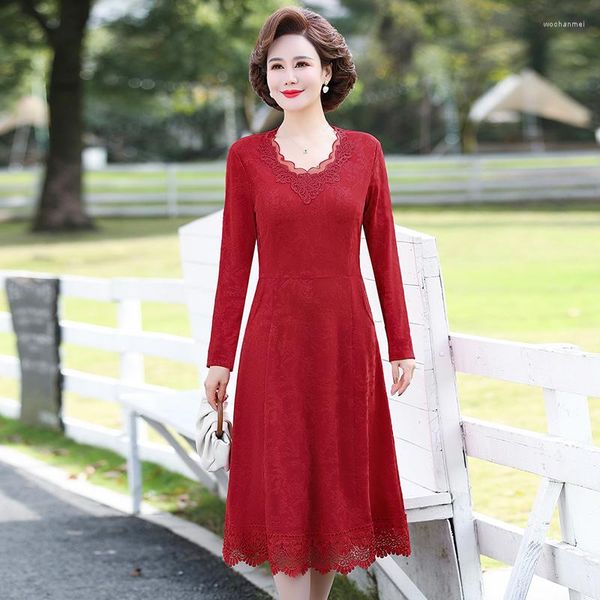 Casual Kleider Elegante Spitze Rot Hochzeit Party Kleid Frauen Koreanische Langarm A-Line Plus Größe Weibliche Vintage Vestidos