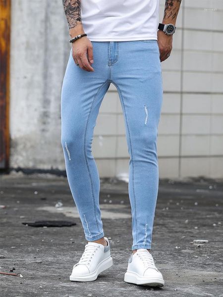 Calça Jeans Masculina Scratch para Homens Calça Lápis Stretch Skinny Estilista Masculino Elástico Denim Streetwear Azul Céu