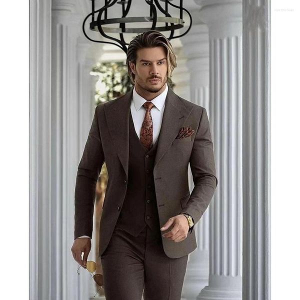 Ternos masculinos 2023 Casamento Marrom Pontudo Lapela Para Homens Negócios Casual Traje Formal Homme Slim Fit 3 Pçs Conjunto Jaqueta Colete Calças