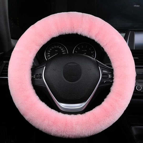 Coberturas de volante menina bonita capa de carro pele de carneiro real lã feminina rosa universal ajuste 36-39 cm acessórios interiores 2023