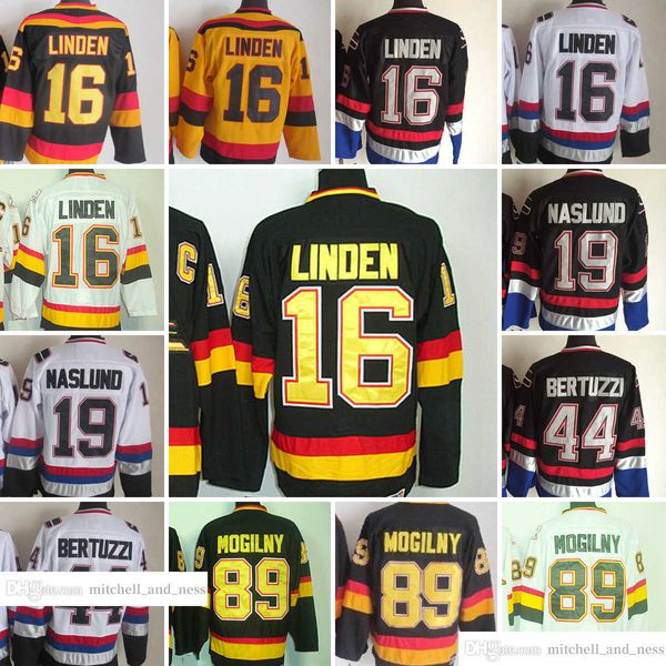 Filme Vintage Hockey 16 Trevor Linden Jerseys CCM Embroidery 19 Markus Naslund 44 Todd Bertuzzi 89 Alexander Mogilny Jersey Preto Amarelo Branco