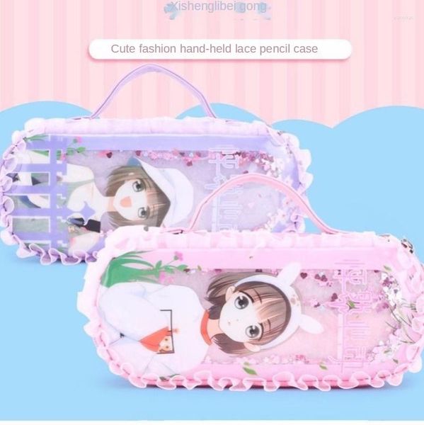 Estojo de Lápis Grande Capacidade Caixa de Artigos de Papelaria para Estudantes Desenhos Animados Linda Bolsa Rede Vermelha Kawaii