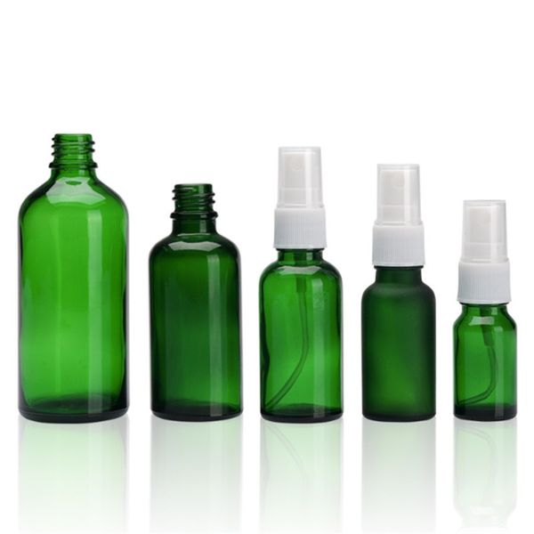 Bottiglie dell'atomizzatore del profumo di vetro verde dell'ANIMALE DOMESTICO Pompa a spruzzo della pressa bianca Coperchio trasparente Bottiglia riutilizzabile Contenitori per l'imballaggio cosmetico 10ml 15ml 20ml 30ml 50ml 60ml 100ml