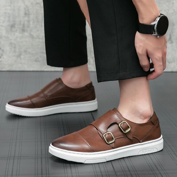 Sapatos sociais masculinos vulcanizados com fivela dupla marrom feitos à mão em couro casual para escritórios maduros 230801