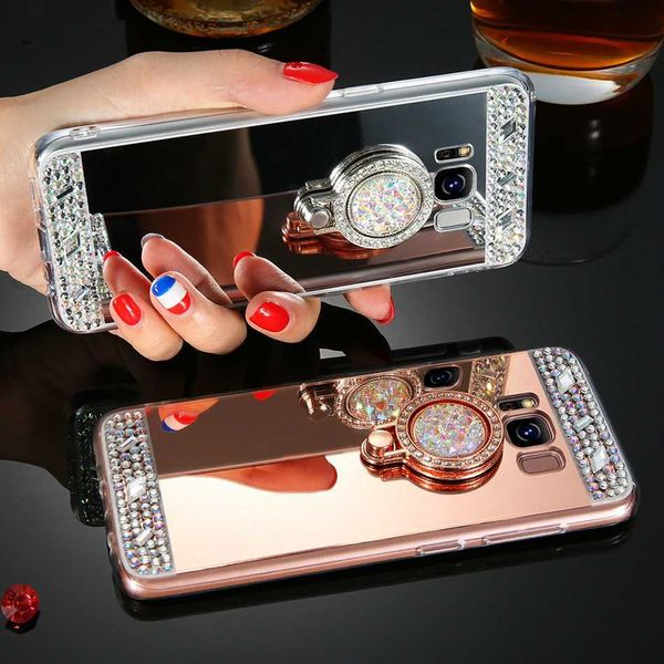 Handyhüllen für Samsung S20 S21 S22 S23 Plus Ultra + FE A 71 51 73 52 72 Note 20 Hülle Luxus Spiegel Diamant Glitzer Bling Ringhalter Abdeckung L230731