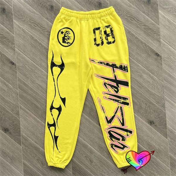 Calça Masculina 2023 Amarelo Hellstar Studios 08 Logo Masculino Feminino Flare Graphic High Street Calça de Moletom Terry