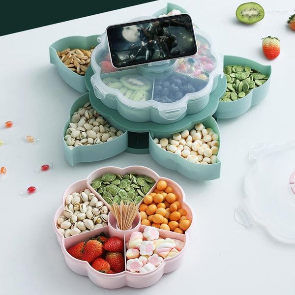 Teller Kunststoff Lazy Fruit Dish Doppelschichten Snackbox Süßigkeiten Blütenblattform Rotierende Tabletts Getrocknete Aufbewahrung Organizer