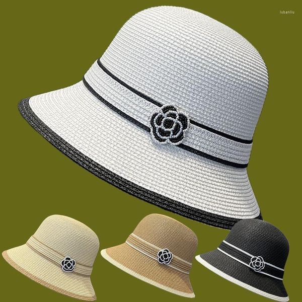 Cappelli a tesa larga Estate per le donne Cappello di paglia Fiore femminile Stile Hepburn Spiaggia Pieghevole Protezione solare Secchio Sombreros De Mujer