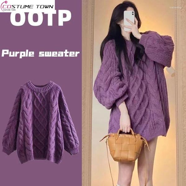 Suéteres femininos 2023 primavera e outono coreano gola redonda massa frita malha trançada suéter roxo estilo desleixado top