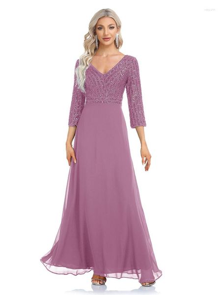 Vestidos casuais cor sólida vestido feminino chiffon de alta qualidade dama de honra com decote em v duplo lantejoulas saia evasê para festa de casamento