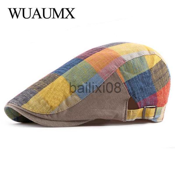 Chapéus Stingy Brim Wuaumx Primavera Verão Boinas Chapéus Para Mulheres Homens Multicolor Xadrez Espinha de Peixe Boné Duckbill Newsboy Cap Fino Cabbie Ivy Flat Hat J230802