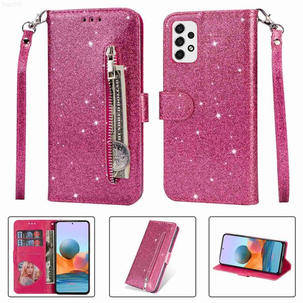 Casos de telefone celular Bling Glitter Couro Zipper Case para Samsung Galaxy S22 Ultra S21 FE S20 Note20 A52 A33 A53 A13 A21S A32 A72 Flip Wallet Case L230731