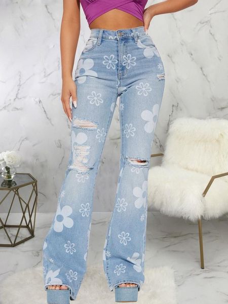 Jeans feminino Y2k Streetwear Flor Estampa floral Flare Bottom Bottom Jeans Para Meninas Ins Verão Cintura Alta Botão Buraco Rasgado