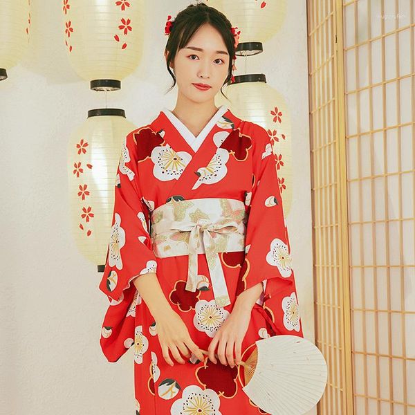 Abbigliamento etnico Set Kimono lungo stile giapponese Abito Yukata con cintura Colore rosso ciliegia Cotone morbido e confortevole Tradizionale