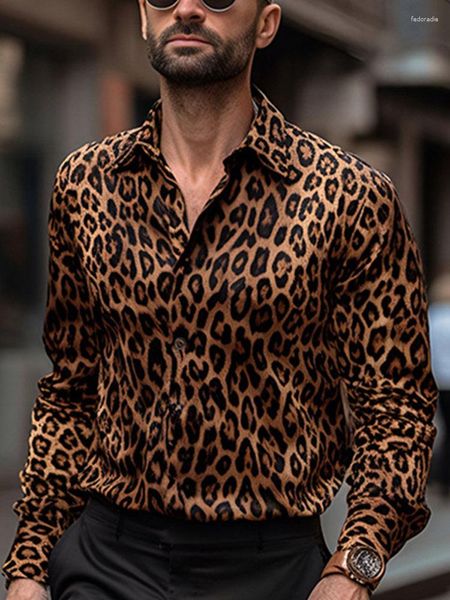 Erkekler Sıradan Gömlek Leopar Baskı Vintage Street Giyim Gevşek Fit Hip-Hop Plus Boyut düğmesi