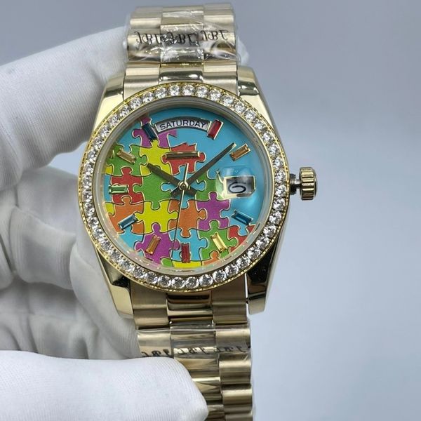 Orologio automatico di design classico alla moda con diamanti colorati intarsiati, vetro zaffiro da 36 mm. Il regalo di Natale preferito dalle donne. Trasporto gratuito.