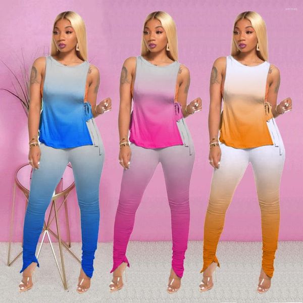 Pantaloni a due pezzi da donna Abito 2 pezzi casual Colore sfumato Senza maniche Cravatta con apertura laterale T-shirt Cerniera pieghettata Matita