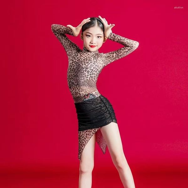 Stage Wear Girls' Latin Dance Dress Children's Sexy Leopard Print manica lunga