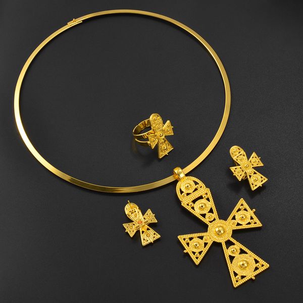 Свадебные ювелирные украшения наборы Anniyo Ethiopian Big Cross Chokers Подвесные серьги кольцо золото -цвет африканский традиционный Эритрея 333606 230801