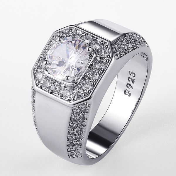 Alianças de Casamento Luxo Cor Prata Masculina AAA Cristal Zircão Anel Pedra Brilhante Noivado Festa de Noivado Plata S925 Selo 230801