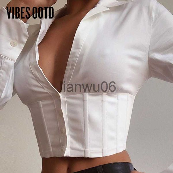 Camicette da donna Camicie VIBESOOTD Lace Up White Sexy Scollo a V Donna Top e camicette Manica lunga Moda Crop Top Camicie Camicette da donna Streetwear J230802