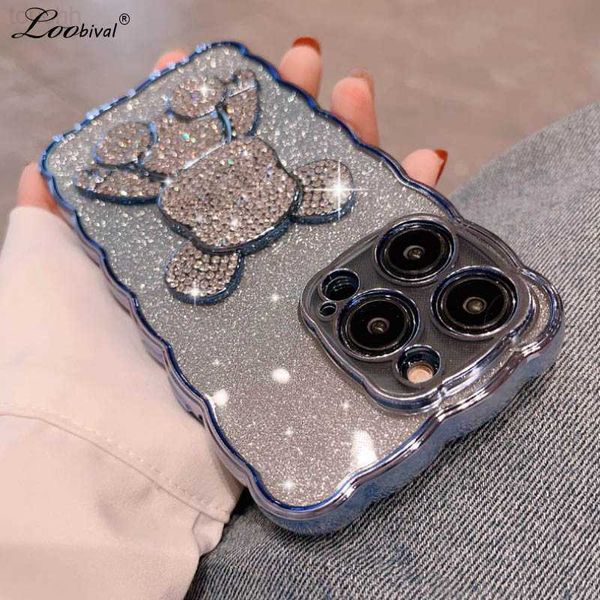 Capas de telefone celular Cute Glitter Diamond Bear Case para iPhone 13 14 Pro Max 12 11 X Xr Xs Max 8 7 Plus SE 2 Curly Plating Soft Silicone Luxury Cover L230731