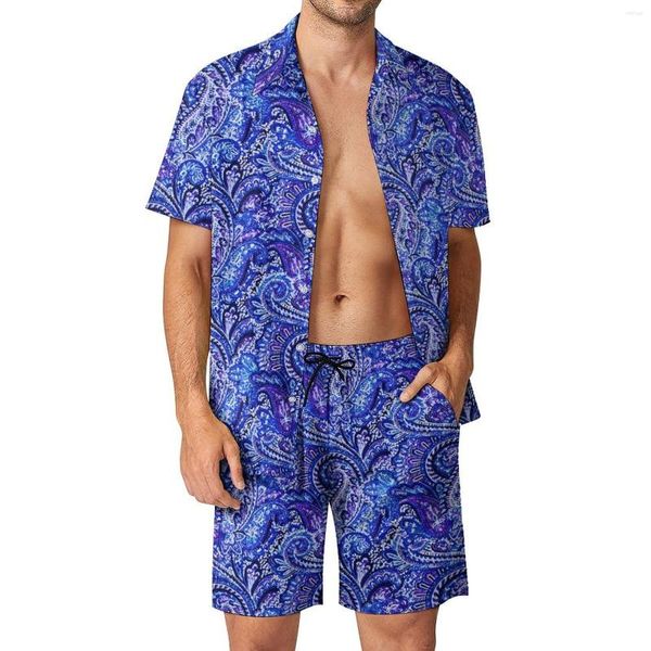 Tute da uomo Vibrant Blue Paisley Set da uomo Set di camicie casual con stampa retrò Pantaloncini da vacanza vintage Abito personalizzato Abbigliamento a due pezzi Taglie forti