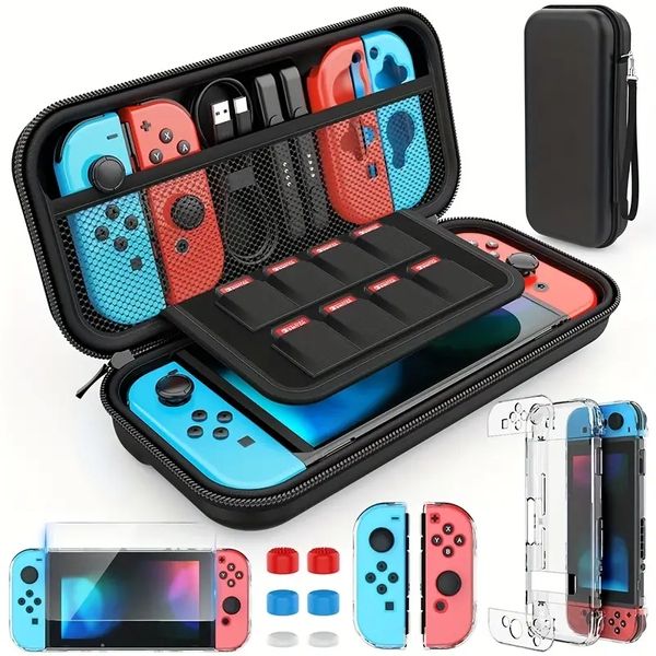 Hülle für Nintendo Switch, 9-in-1-Zubehörset mit Tragetasche, andockbarer Schutzhülle, HD-Displayschutzfolie und 6 Daumenkappen