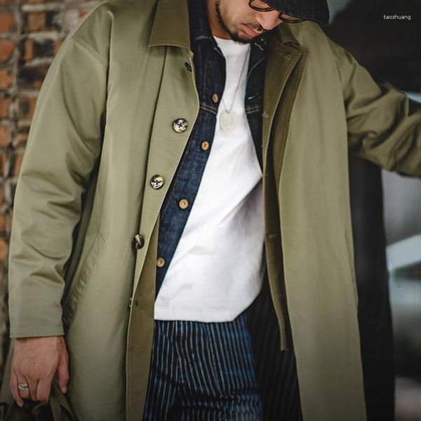 Trench da uomo Maden Cappotto Balmacaan casual Amekaji Giacca a vento verde militare sciolto Giacche lunghe in twill pesante Cappotti vintage