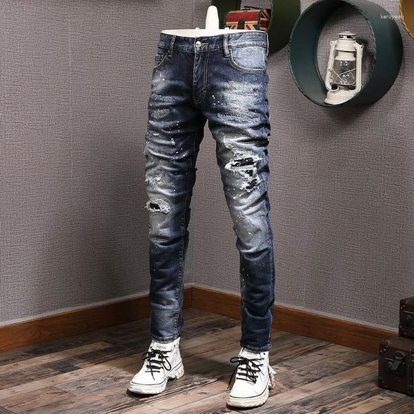 Jeans Masculino Streetwear Fashion Men Retro Blue Stretch Slim Fit Calças Rasgadas Pintadas Designer Calças Vintage Hombre