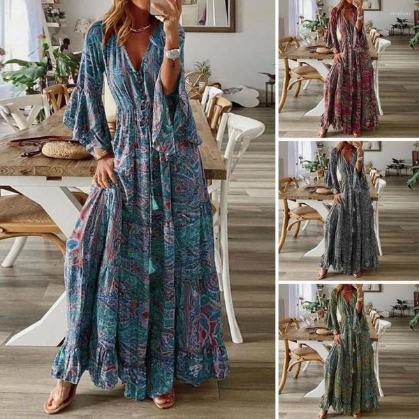 Abiti casual Bella signora Beach Dress maniche lunghe Donna Maxi orlo largo Dress-up Vintage Summer Holiday Spring