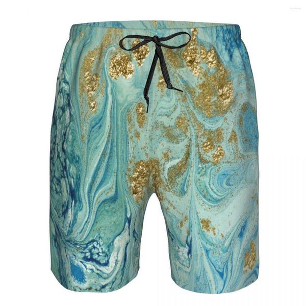 Herren-Shorts, Herren-Badebekleidung, blauer und goldener abstrakter flüssiger Marmor-Hintergrund, Herren-Badehose, Badeanzug, Strandkleidung, Boardshorts