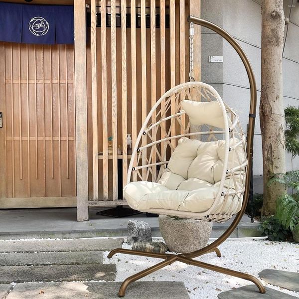 Mobili da campo Swing Egg Chair con supporto Indoor Outdoor Wicker Rattan Patio Basket Hanging C Type Staffa Cuscino e cuscino