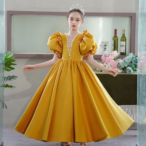 Vestido de flor elegante amarelo vestidos de princesa para casamento cetim manga curta apliques fitas flores artesanais vestidos de primeira comunhão pérolas vestido de aniversário